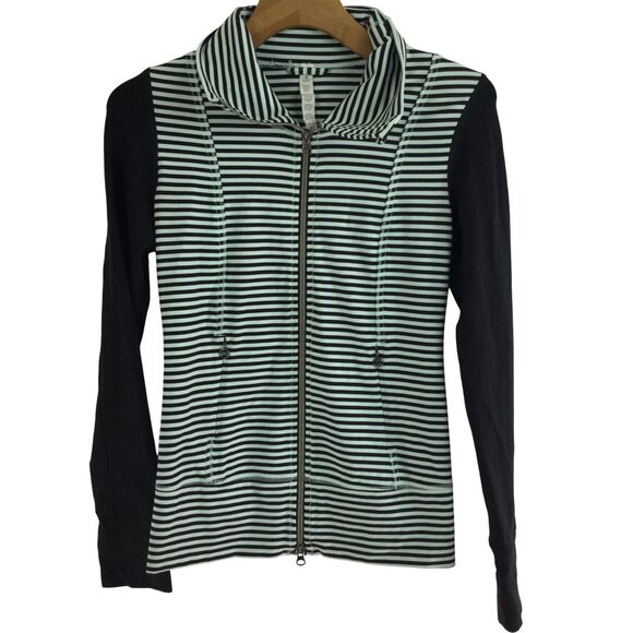 Lululemon Daily Yoga Mint Moment Full Zip Black Green Stripe Preppy Jacket Sz 4 - Picture 1 of 7